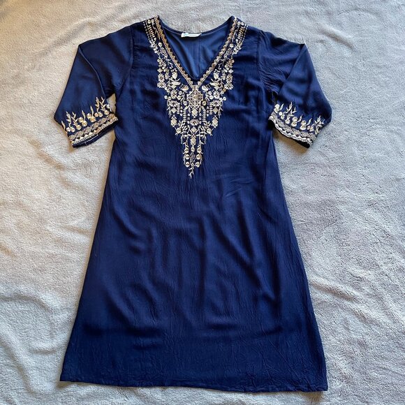 Lapogee Women's Navy Blue Embroidered Shift Dress – Kaftan Style, Medium - Picture 7 of 9